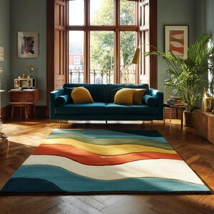 Alfombra con estampado de ondas abstractas, alfombra moderna y colorida, alfombra retro contemporánea, alfombra para sala de estar de mediados de siglo, alfombra con estampado ondulado.