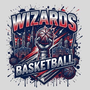 Könnte beinhalten: Grafikdesign mit dem Text "Wizards Basketball". Das Design zeigt einen Roboterarm, der einen Basketball hält, mit einer Stadtkulisse im Hintergrund. Das Farbschema ist rot, weiß und blau.