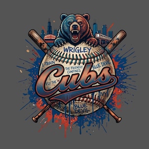 Puede incluir: Diseño gráfico con una pelota de béisbol con el texto "Cubs" y un oso. La pelota de béisbol tiene el texto "Wrigley" y "L-Train". Dos bates de béisbol cruzados están detrás de la pelota. El fondo tiene un paisaje urbano y salpicaduras de pintura azul y roja.