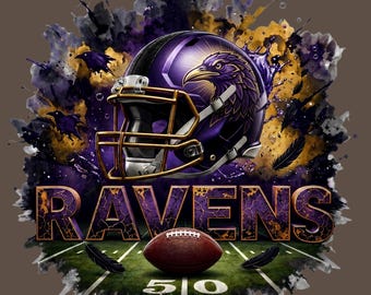May include: A graphic design featuring a purple football helmet with a raven illustration, a brown football, and the text RAVENS in large, cracked-texture letters. The background includes purple and gold watercolor splashes and feathers.