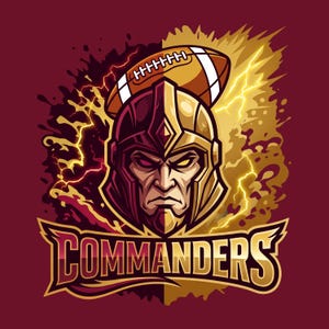 May include: A graphic illustration featuring a warrior wearing a helmet, positioned below a football. The design is split between burgundy and gold colors with lightning bolt accents. The word COMMANDERS is written in bold gold lettering at the bottom.