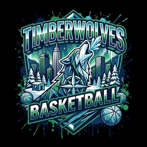 May include: A graphic design featuring the words "TIMBERWOLVES BASKETBALL" in a teal and white color scheme. The design includes a howling wolf, city skyline, basketballs, and a geometric starburst, all set against a black background.