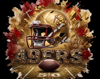 Op de afbeelding: Een gouden footballhelm met een rood gezichtsmasker, voorzien van een embleem met een houweel en goudklompjes. Daaronder staat de tekst 49ERS in een metallic, getextureerd lettertype, boven een bruine football op een veld met het getal 50.