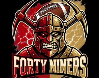 May include: A graphic illustration featuring a helmeted warrior with a football and pickaxes. The warrior is split into red and gold halves, with the words "FORTY NINERS" in a bold, stylized font below. Lightning bolts and a black background complete the design.