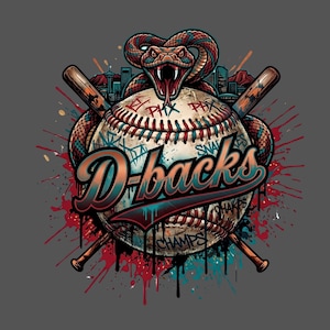 以下が含まれることがあります： 「D-backs」の文字がグラフィティ風フォントで描かれた野球のデザイン。ヘビが巻き付いています。2本の交差したバットがボールの後ろにあります。背景には街並みと赤、青、白のペイントスプラッシュが含まれています。