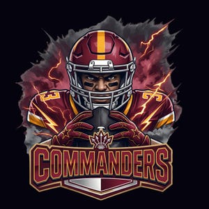 May include: A graphic illustration of a football player wearing a burgundy and gold helmet and jersey, holding a football. The background features stylised lightning bolts and smoke. The word COMMANDERS is printed in bold letters at the bottom.