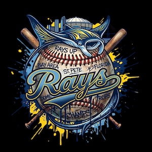 May include: A baseball-themed graphic featuring the Tampa Bay Rays logo. The design includes a baseball with the team name, a stylized stingray, and baseball bats. The background has blue and yellow paint splatters, with the words "Rays Up", "Bay Area", "St. Pete", "Florida", "Dome", and "Champs".
