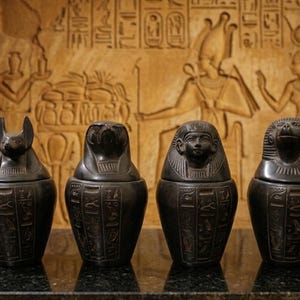Pode incluir: Quatro vasos canópicos egípcios pretos com tampas em forma de cabeças de chacal, falcão, humano e babuíno. Cada vaso é decorado com hieróglifos esculpidos e repousa sobre uma base retangular escura e polida.