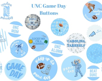 Boutons du jour du match | Colline de la chapelle UNC | Queues de talon | Style sororité | Equipes sportives | 2,5 pouces