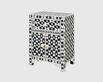 Mesita de noche de madera con incrustaciones de hueso azul, hecha a mano, con cajón y diseño floral, mueble indio de lujo para dormitorio.