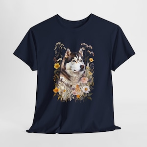 Husky Portrait T-Shirt | Floral Dog Illustration, Nature Tee