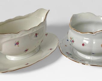 Tschechische Porzellan-Sauciere mit Untertasse - Vintage 70er Jahre - Handgemaltes Blumenmuster - Goldrand