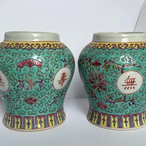 Coppia di barattoli cinesi vintage per lo zenzero color turchese – Porcellana anni '70-'80 – Senza coperchio – Decorazione floreale