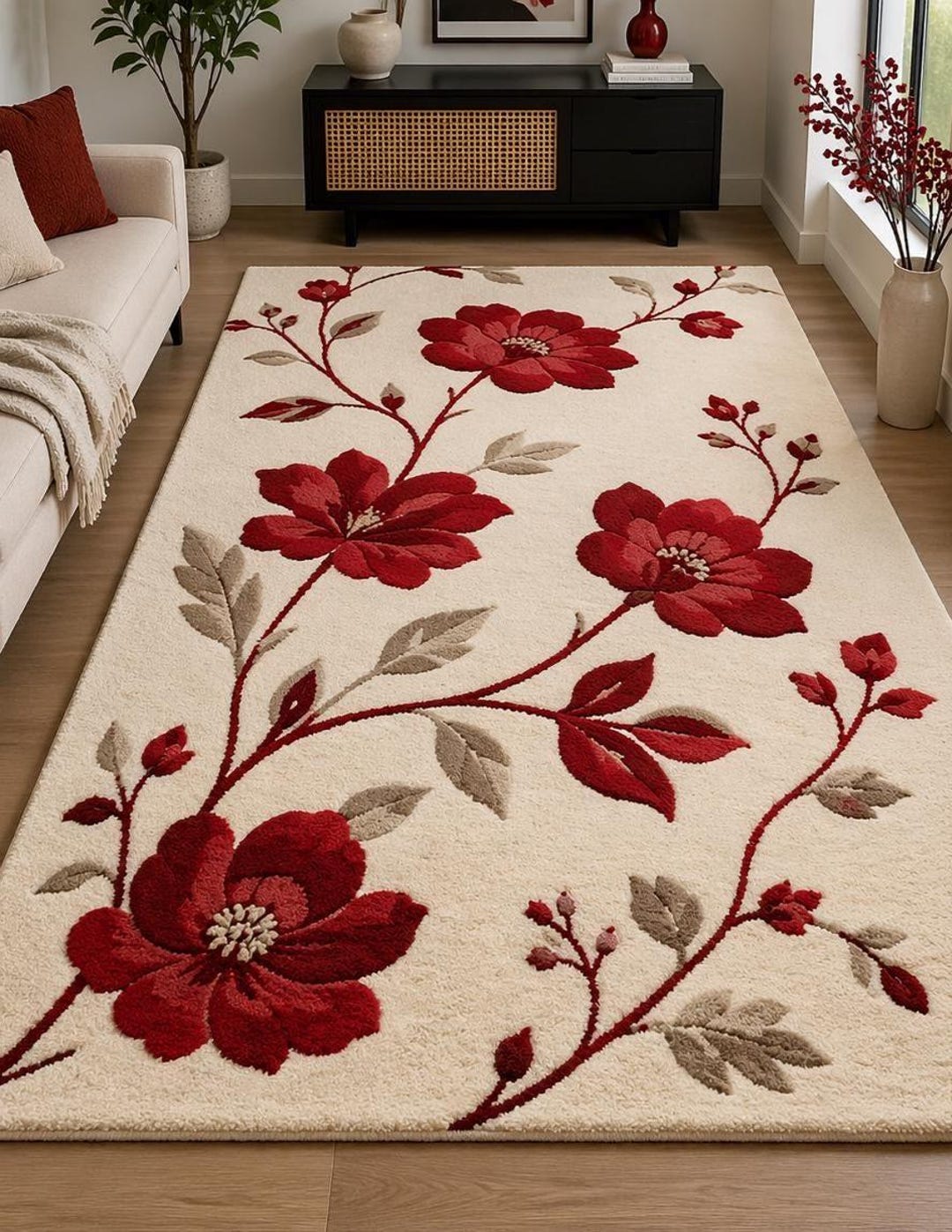 Red Floral Hand Tufted Wool Rug, Cream Base Modern Carpet, Soft Living ...