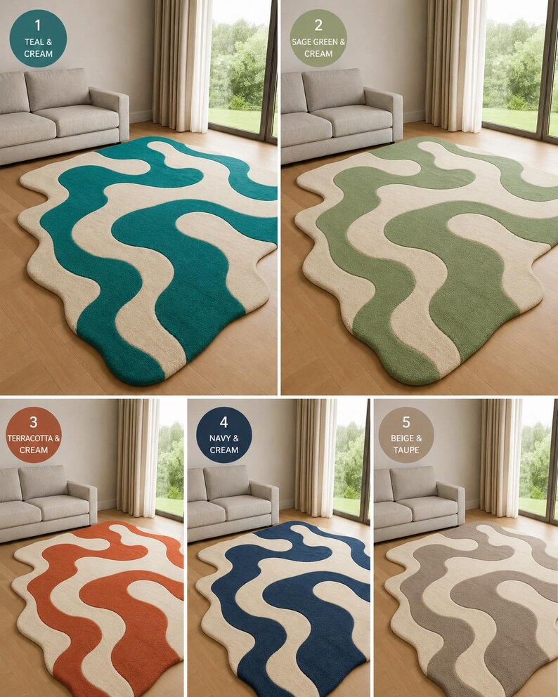 Hand Tufted Wool Rug, Wavy Abstract Area Carpet, Irregular Modern ...