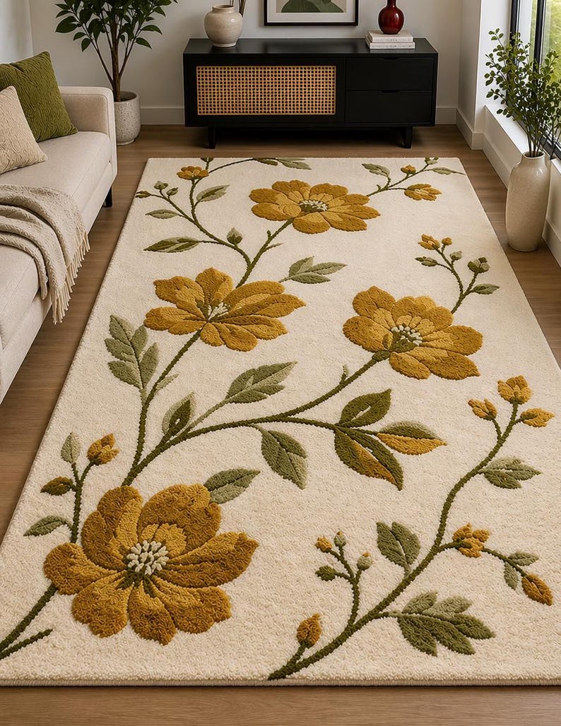 Yellow Floral Hand Tufted Wool Rug, Cream Modern Carpet, Soft Living ...