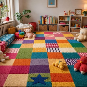 May include: A rectangular area rug featuring a vibrant patchwork design of multicoloured squares. The pattern includes solid colours, polka dots, gingham, and a large blue star. The rug is textured and plush, covering a floor in a room filled with various stuffed animals, woven baskets, and bookshelves.