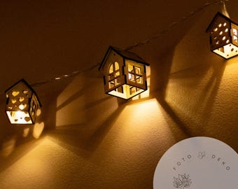 10er Holzhaus 3D für LED-Lichterketten, Fairy Light, Holz Deko Häuschen, LED Lichterkette, Aufsätze, cozy cottagecore deko