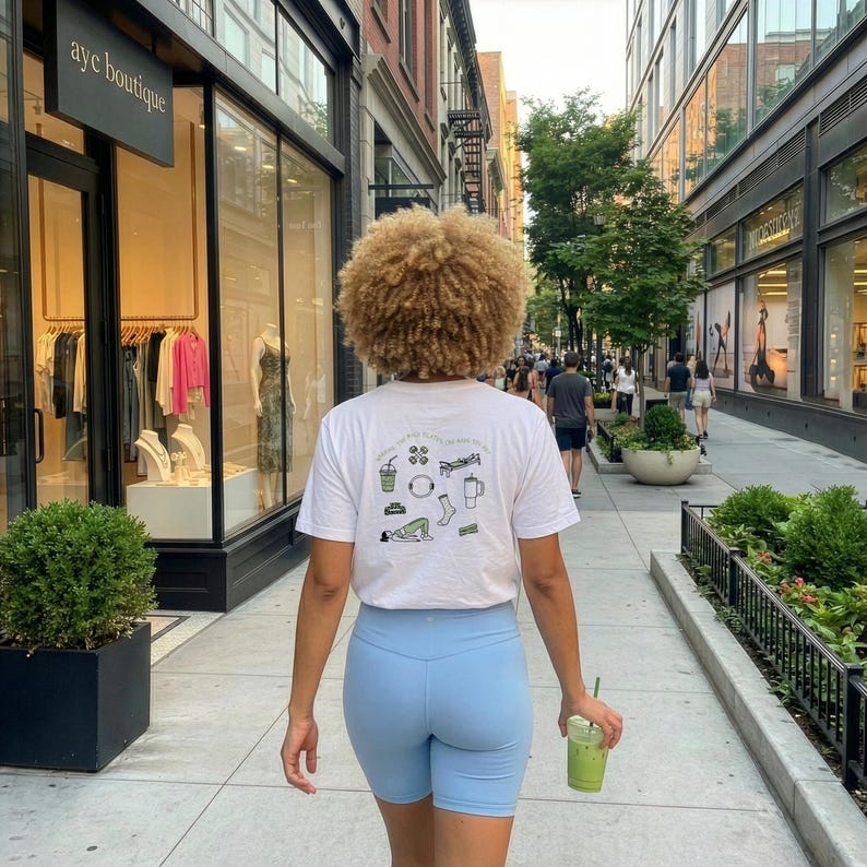 May include: A person walking down a city street wearing a white t-shirt with small green illustrations and light blue shorts. The person is holding a green drink in a clear plastic cup. The background includes storefronts and other pedestrians.