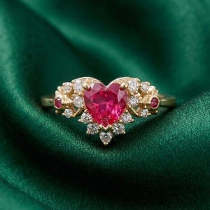 Puede incluir: Un anillo de oro con una piedra preciosa rosa brillante en forma de corazón como pieza central. El anillo está adornado con piedras preciosas claras más pequeñas y detalles rojos, sobre un fondo verde oscuro.
