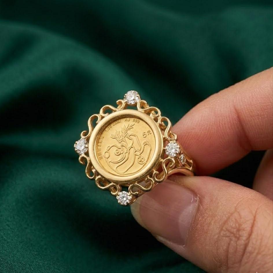 Luxurious Panda Coin Unisex Handmade Ring 14K Yellow Gold & Silver