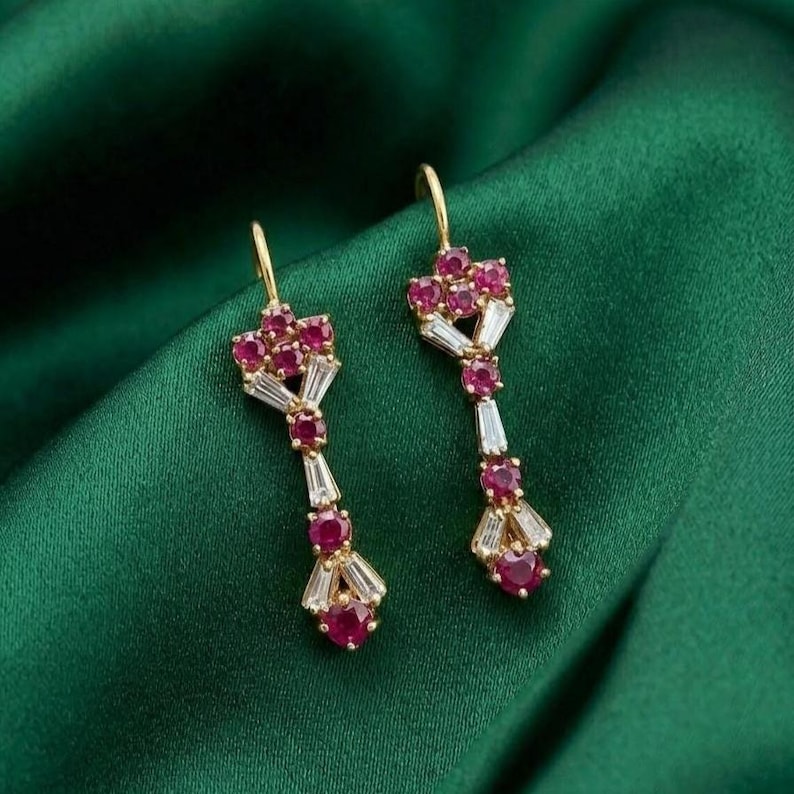 Vintage Style Red Ruby Diamond Drop Dangles 14K Yellow Gold & Silver ...