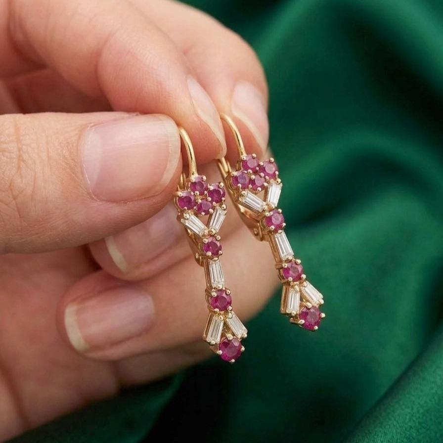 Vintage Style Red Ruby Diamond Drop Dangles 14K Yellow Gold & Silver ...