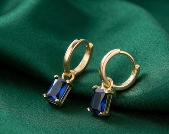 Minimalist Emerald Sapphire Earrings 14K Yellow Gold Silver Handmade Women's Earrings Gift