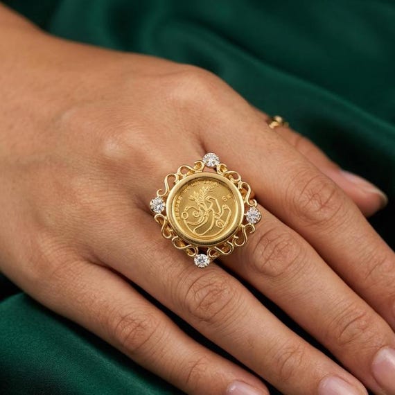 Luxurious Panda Coin Unisex Handmade Ring 14K Yellow Gold & Silver
