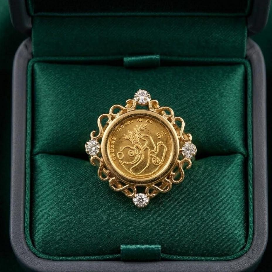 Luxurious Panda Coin Unisex Handmade Ring 14K Yellow Gold & Silver