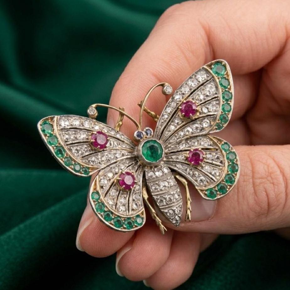 Red Ruby & Emerald Diamond Butterfly Brooch 14K Gold Handmade Silver Women's Gift Pin