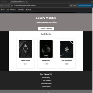 Peut inclure: Une interface de site web pour Luxury Watches Boutique avec une barre de navigation, une section principale intitulée Luxury Watches et une grille présentant trois modèles de montres nommés The Chrono, The Classic et The Minimalist.