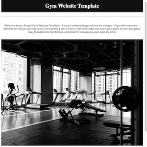 May include: Black and white image of a gym interior with various exercise machines, including treadmills, weight benches, and stationary bikes. The gym has large windows and a polished floor. The text "Gym Website Template" is at the top.