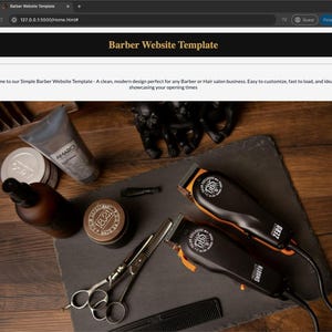 May include: A website template for a barber shop, featuring barber tools and products. The image includes two black and orange hair clippers, scissors, hair products, and the text "Barber Website Template".