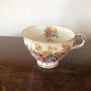 Melba Bone China 1930 ABANDONED Tea Cup A162 Pink Purple and yellow Flowers with Gold embossing Made in England