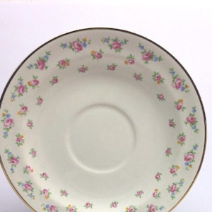 May include: A white saucer with a gold rim and a delicate pattern of pink and blue flowers.