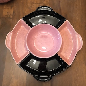 Vintage California Pottery Lazy Susan Pink and Black 6 Piece