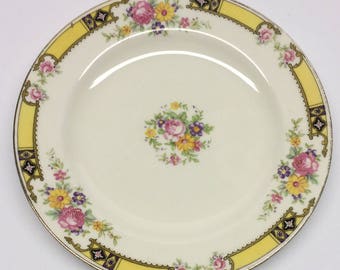 Bread Plate 6 inch Edwin M. Knowles China Company Made in USA 41-3 Yellow Band With Purple and Black Pink Roses