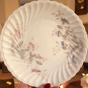 Puede incluir: Plato de cerámica blanco con borde festoneado y un diseño floral en tonos rosa, azul y gris.