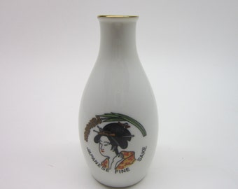 Vintage Saki  Decanter White with image of a Geishas collectibles housewares home decor antique ceramic pottery asian decanter