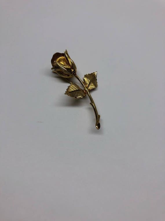 Rose Bud Pin Gold Vintage Long Stem Flower Brooch - image 10