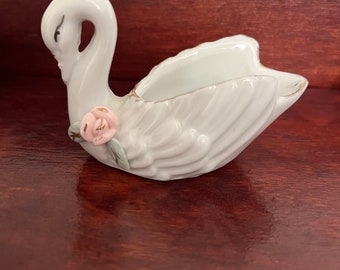 Small Swan Planter Made in Japan White with Pink Rose 5 inch