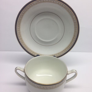 J.G. Meakin China Selwyn Muster Bouillon mit Doppelgriff, Sahnesuppe Teetassen mit Untertassen Goldvergoldung Trim Anfang 1900