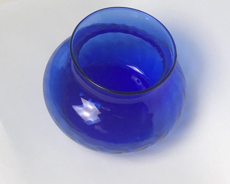 Vintage Cobalt Blue Glass Vase Swirl Design Large Mouth Glass Vase 4 inches Rare
