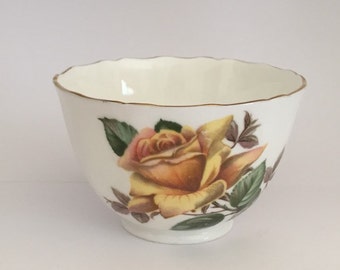 Vintage Royal Adderley Bone China-suikerpot: gele roos, groene bladeren