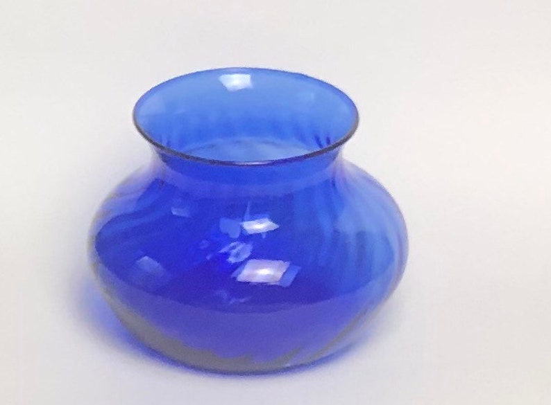 Vintage Cobalt Blue Glass Vase Swirl Design Large Mouth Glass Vase 4 inches Rare