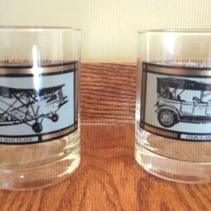 U.S. Mail Plane and Pierce-Arrow Automobile Commemorative Drinking Glass by Avon &quot;America On the Move&quot;