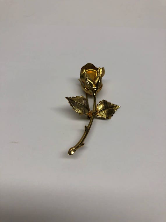 Rose Bud Pin Gold Vintage Long Stem Flower Brooch - image 1