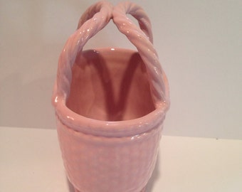 ピンクの花瓶 陶器製バスケット 編み込み ハンドル付き プランター