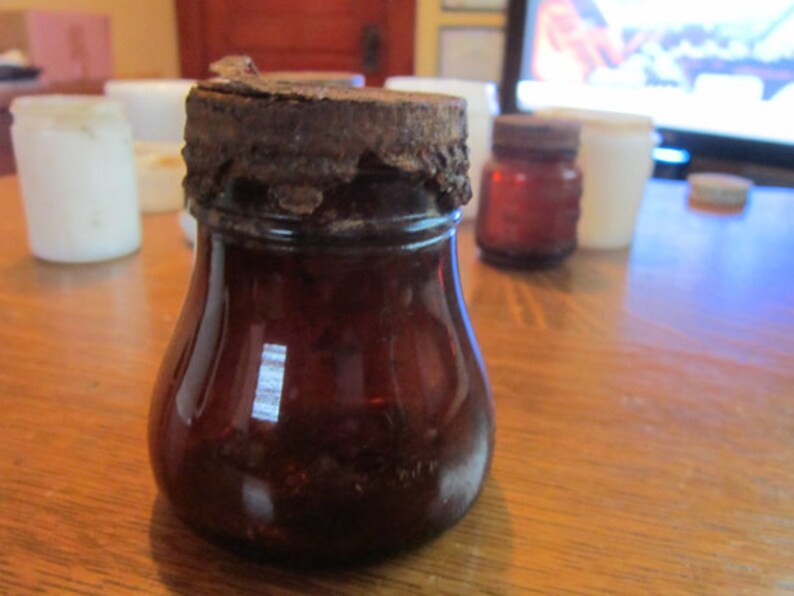 Antique Amber Glass Jar with Pontil mark Rusty Zink Lid image 2